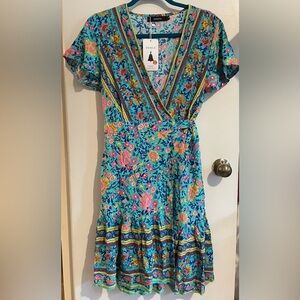 ZESICA Women's Boho Floral Print Wrap Sleeve Ruffled Party Mini Dress Size Small